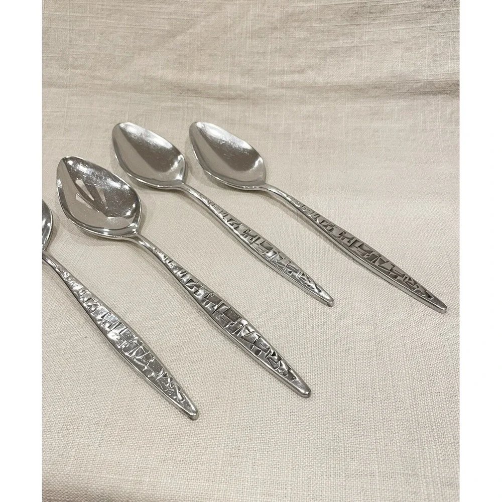 4 pcs Lyon Stainless Cortez Aztec Brutalist Mid Century Flatware Serving Spoons‎